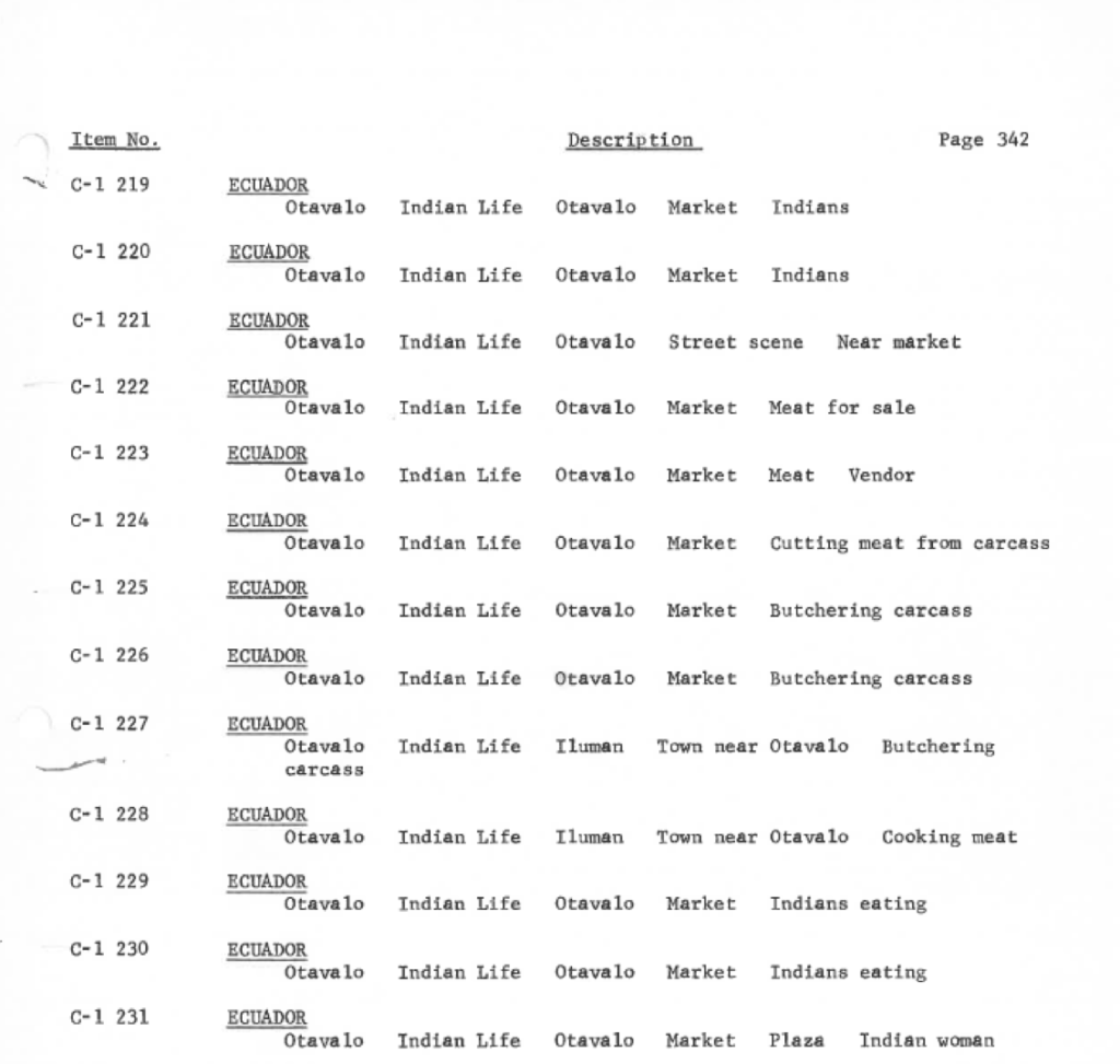 Image of a page from the Arquin slide collection  catalogue. A column of information shows the item number, country, and subject terms.